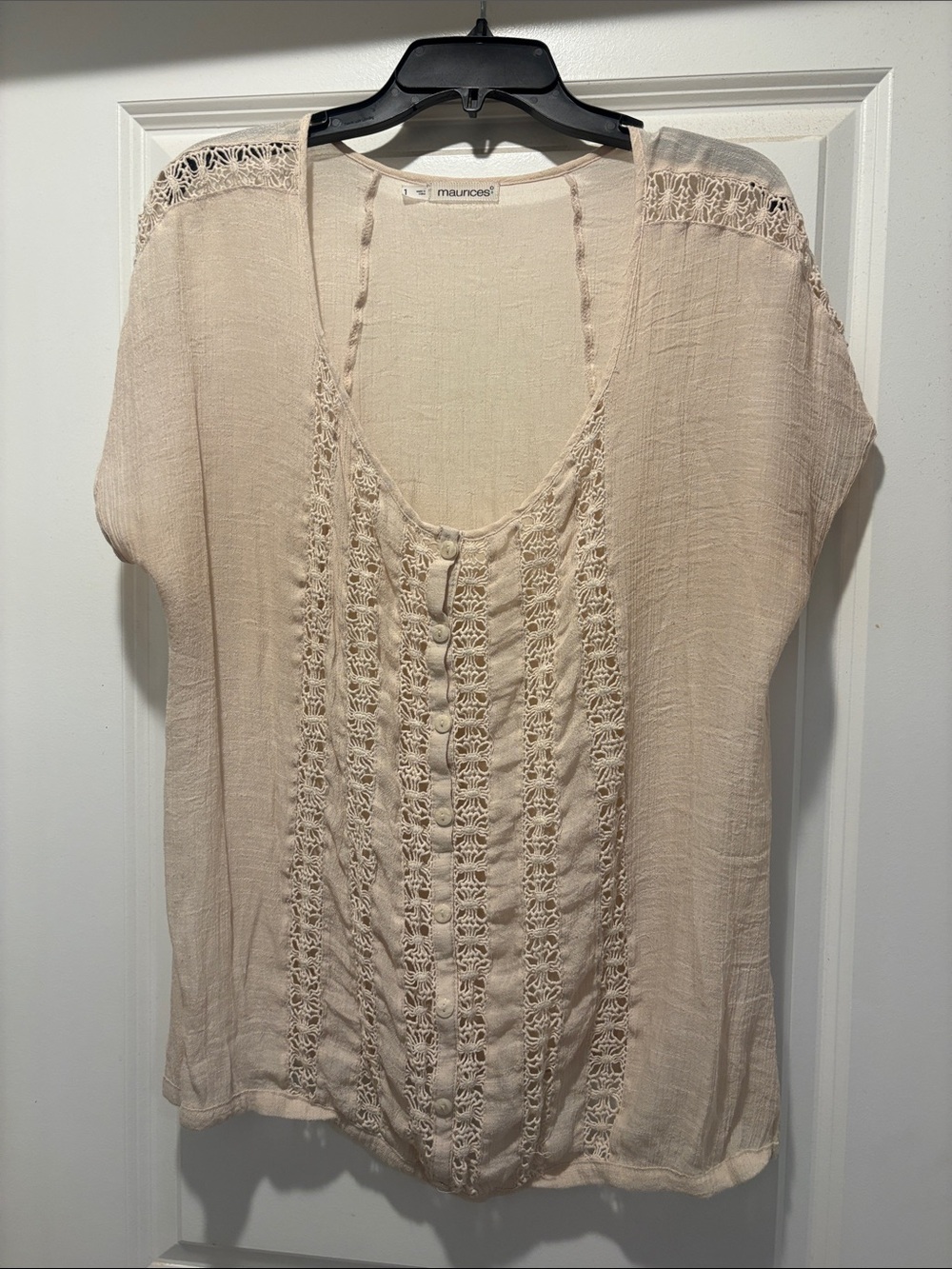 Maurices Beige Crochet-Detail Short Sleeve Blouse